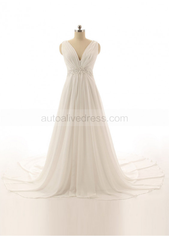 Ivory Chiffon Beaded V Neck Boho Beach Wedding Dress